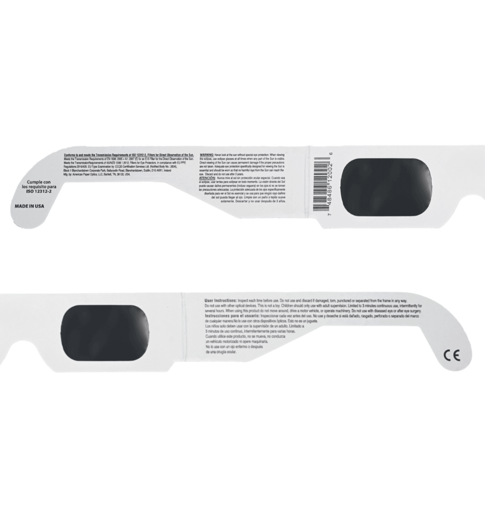 Reverso gafas eclipse con instrucciones multilingüe y certificación ISO 12312-2:2015